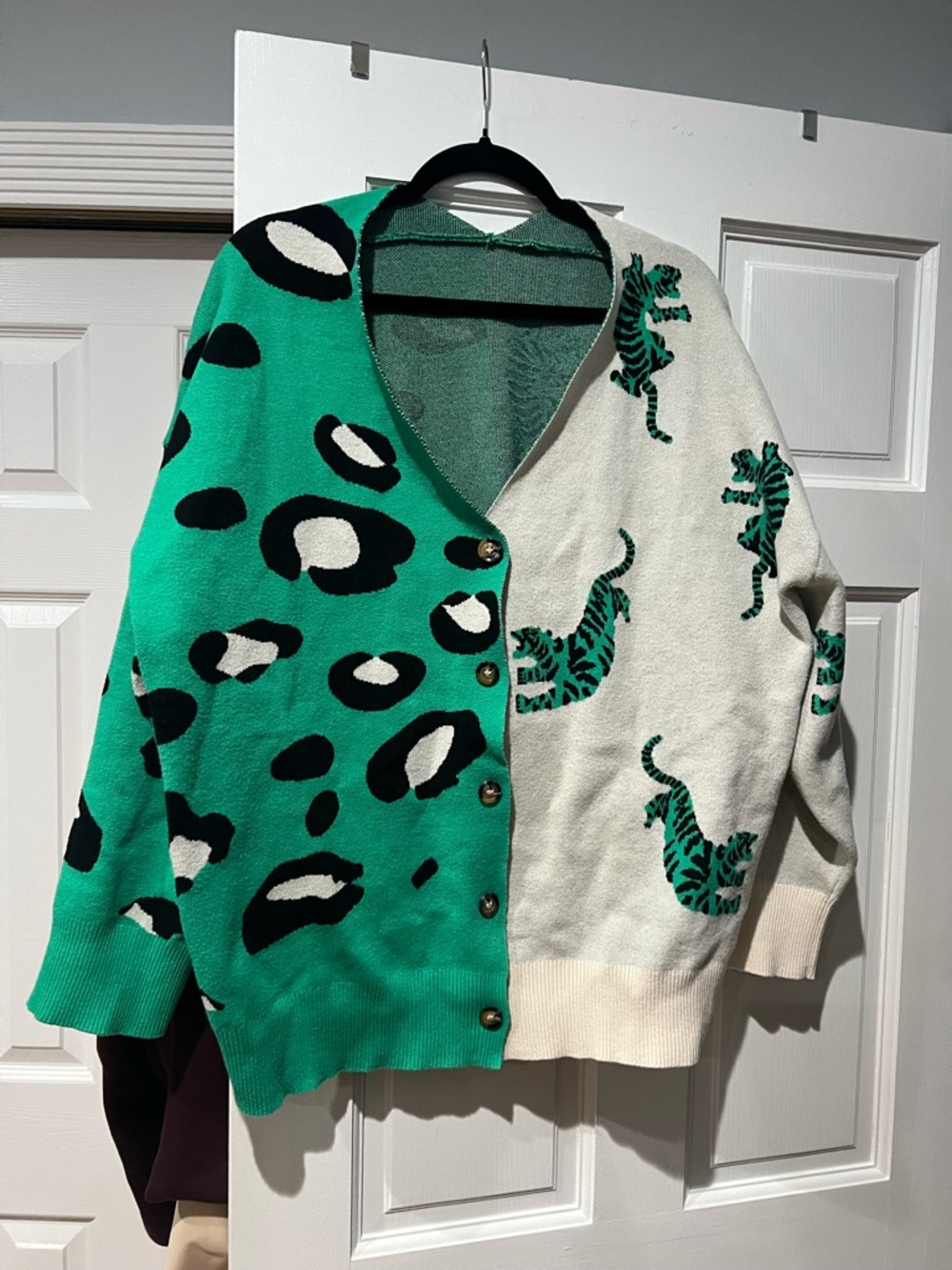 Green and Cream Graphic Tiger & Leopard Cardigan Sweater